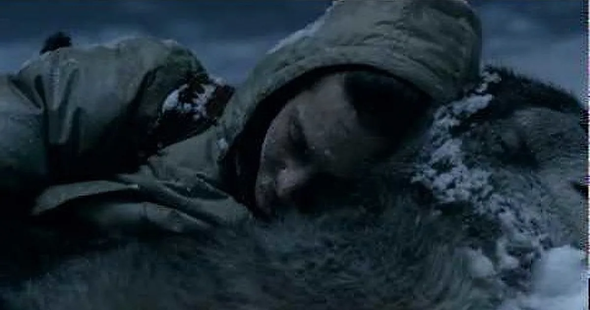 A person in a winter coat is lying on the ground, partially covered by snow, appearing to be unconscious or asleep.