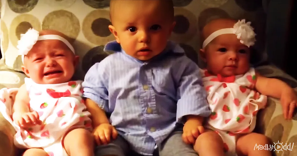 Three babies, two in matching strawberry dresses, sit together on a patterned couch.
