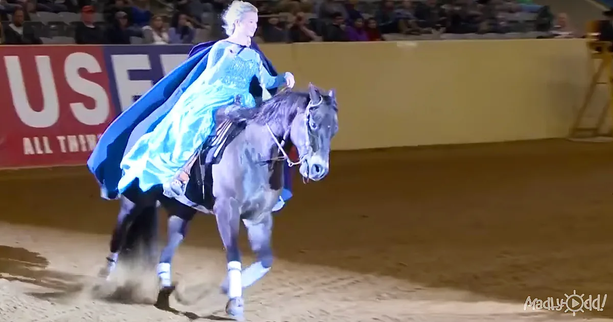 An Enchanting Caped Woman Rides a Horse Into an Arena and Into the Audiences'' Hearts!