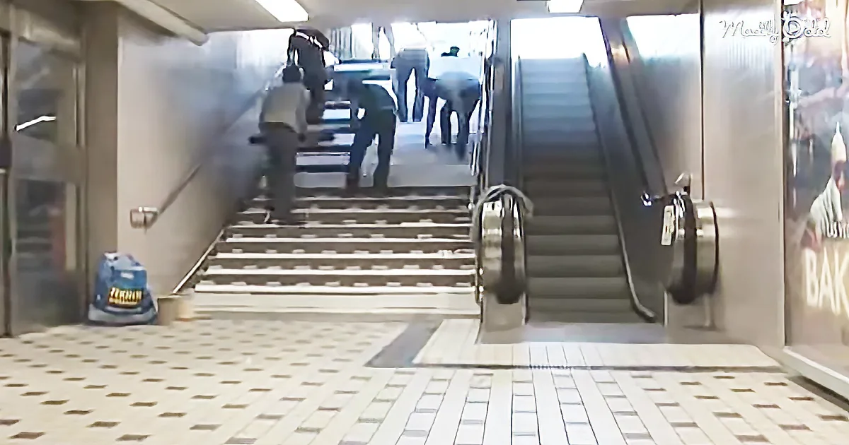 People cleaning stairs with a vacuum in a public area.