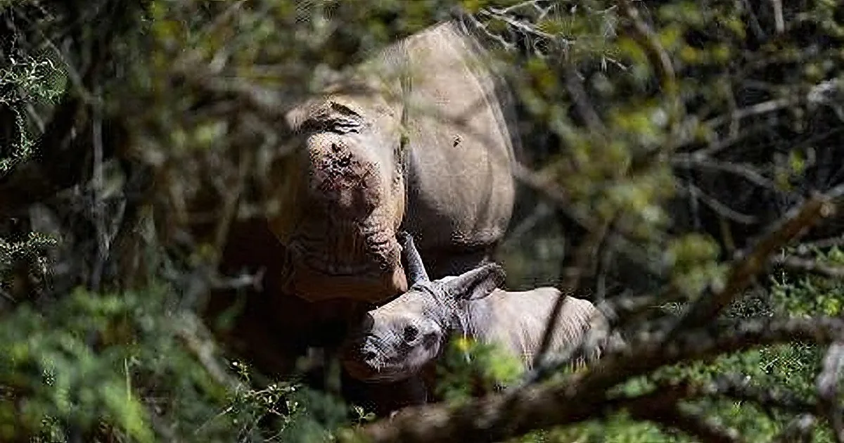 A rhinoceros stands amidst greenery, partially obscured by branches and foliage.