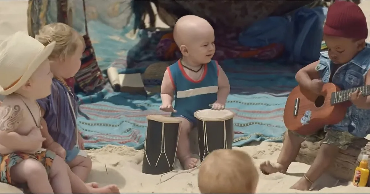 A baby in a blue swimsuit sits between two drum sets on a beach, surrounded by other children playing instruments.