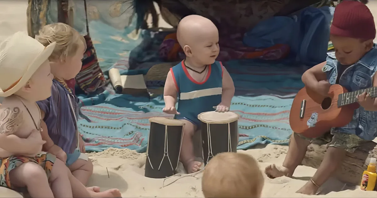 A baby in a blue tank top plays a drum on a beach, surrounded by other children and colorful blankets.