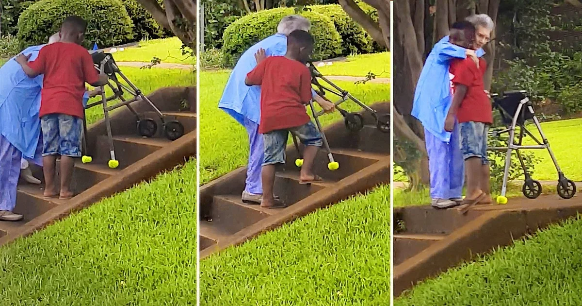 8-Year-Old Stops Traffic to Help Struggling Senior up Flight of Steps