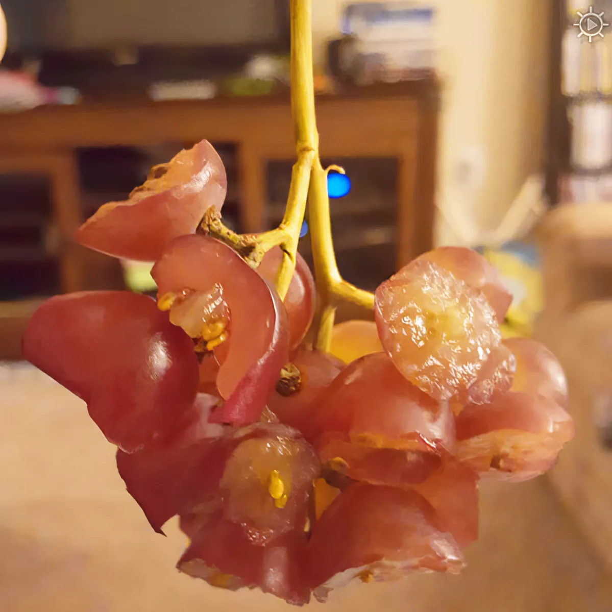 A close-up of a bunch of red grapes with a yellowish stem, placed on a light-colored surface.