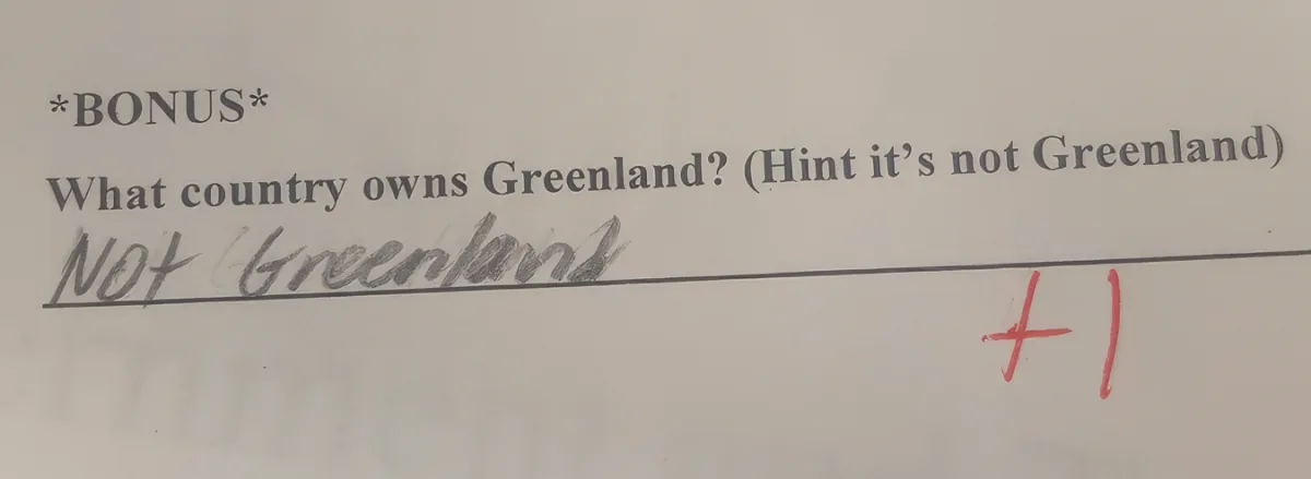 A bonus question asking which country owns Greenland, with a hint that it's not Greenland itself.