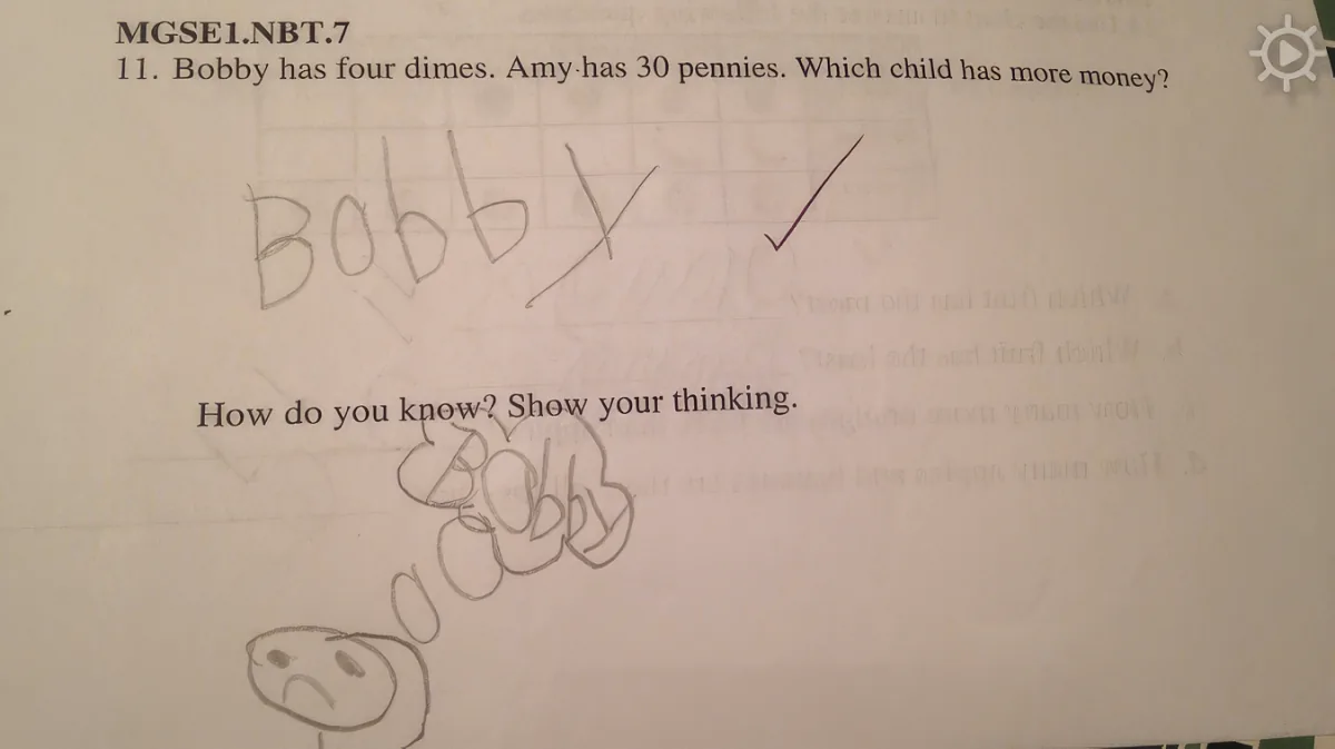 A math problem asks which child has more money, with Bobby having four dimes and Amy having 30 pennies, marked as Bobby...
