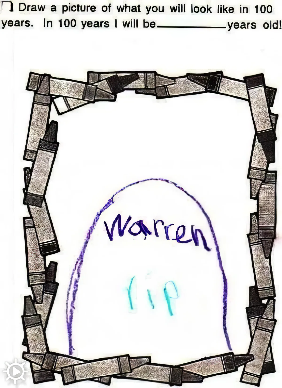 A child's drawing shows a tombstone with "Warren Rip" written on it, framed by crayons.