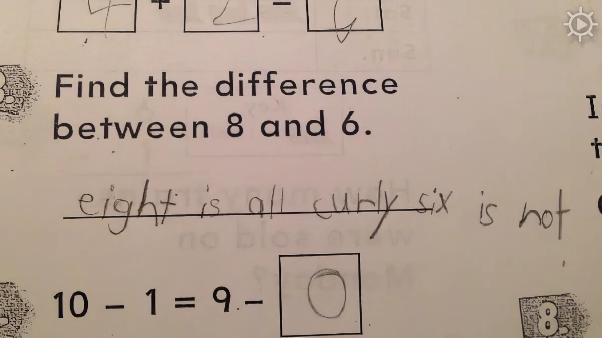 A math problem asking to find the difference between 8 and 6, with some handwritten notes and calculations.