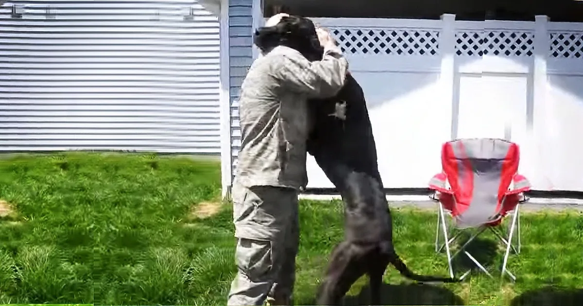 A person in camouflage holds a large black dog in a grassy yard near a house and white fence.