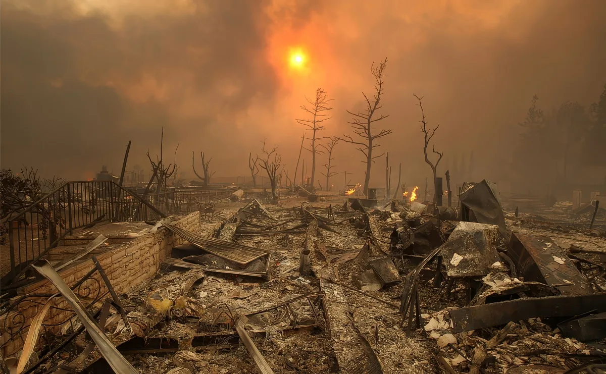 Burnt-out landscape with debris, charred trees, and smoky sky, sun glowing through haze.