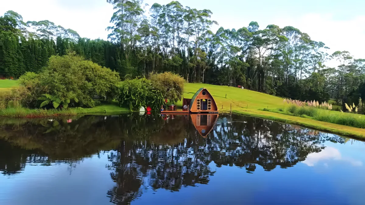 A quaint house sits on a grassy hillside beside a serene lake, reflecting the surrounding trees and sky.