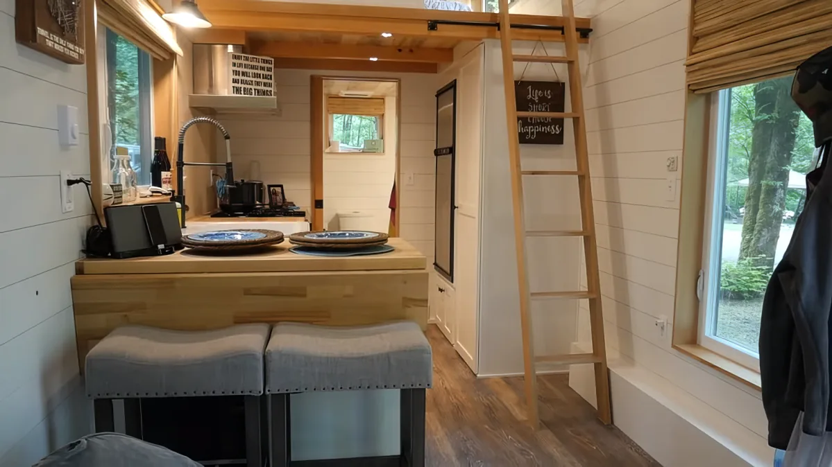 A cozy, well-lit tiny house interior with a ladder, wooden walls, a kitchen counter, and a window view of greenery.