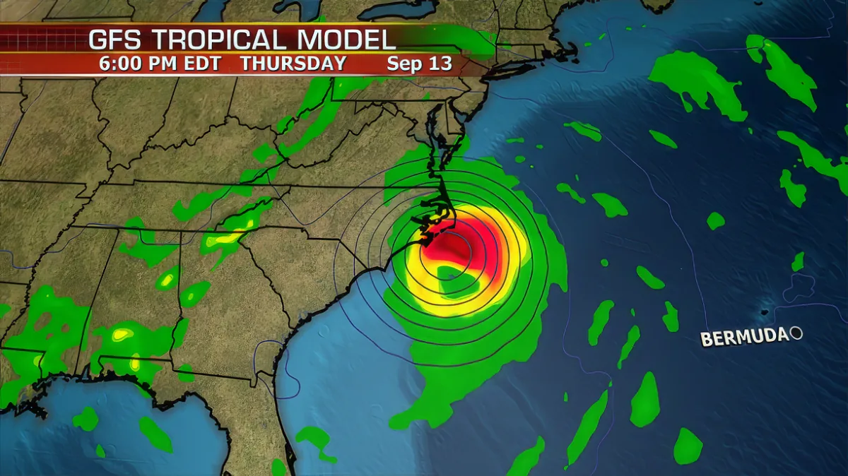 A GFS Tropical Model forecast shows Hurricane Florence intensifying near the East Coast of the U.S. on Sep 13.