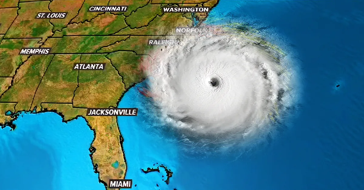 A hurricane is forming over the Atlantic Ocean near the southeastern U.S. coast.