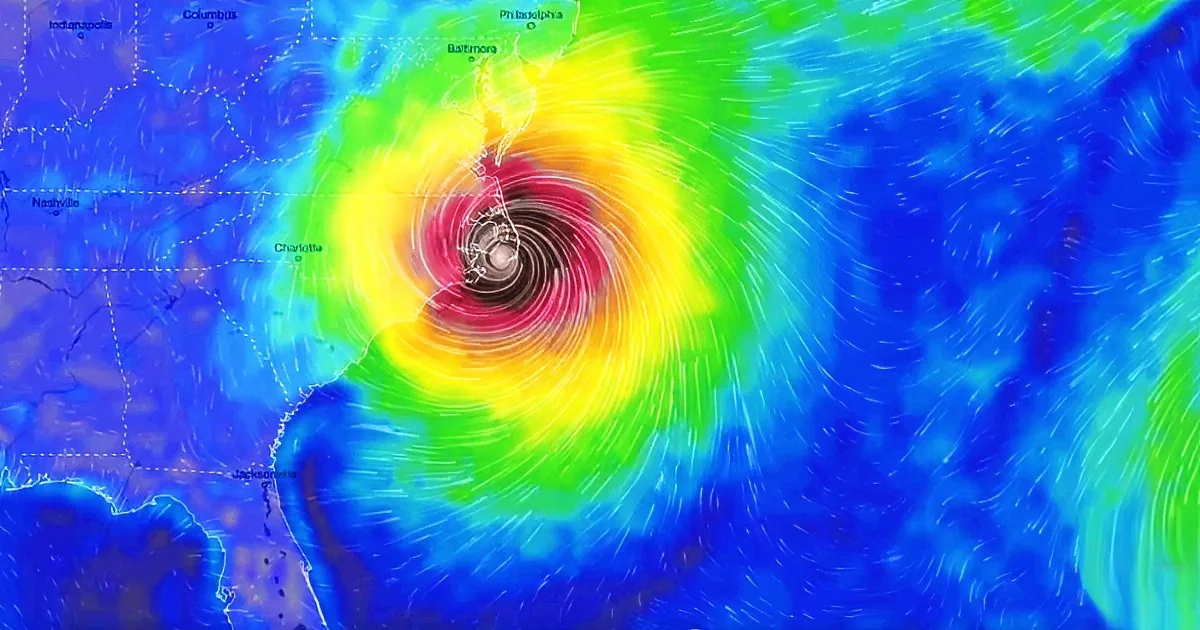A hurricane's eye is depicted with a swirling pattern of colors, showing intense weather activity.
