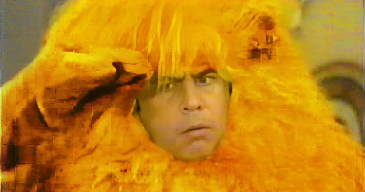 A person in a yellow furry costume with a surprised expression.