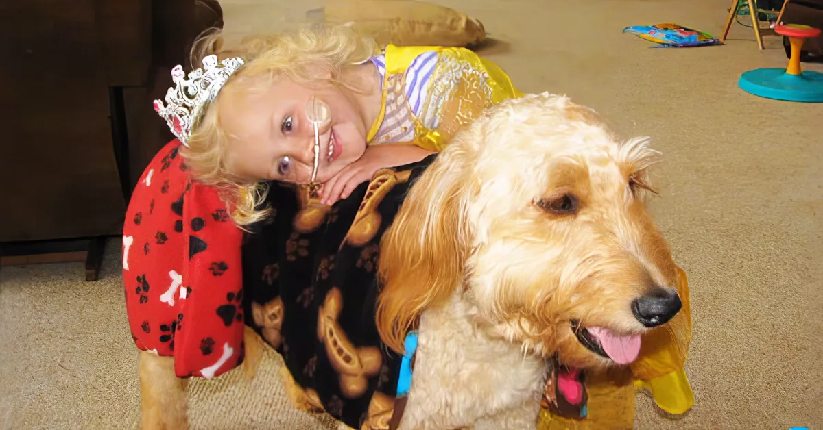 A young girl in a princess costume hugs a dog wearing a red bow and paw print shirt.