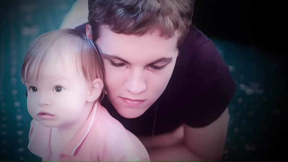 A man and a baby are shown in a close-up, with the man leaning down towards the baby.