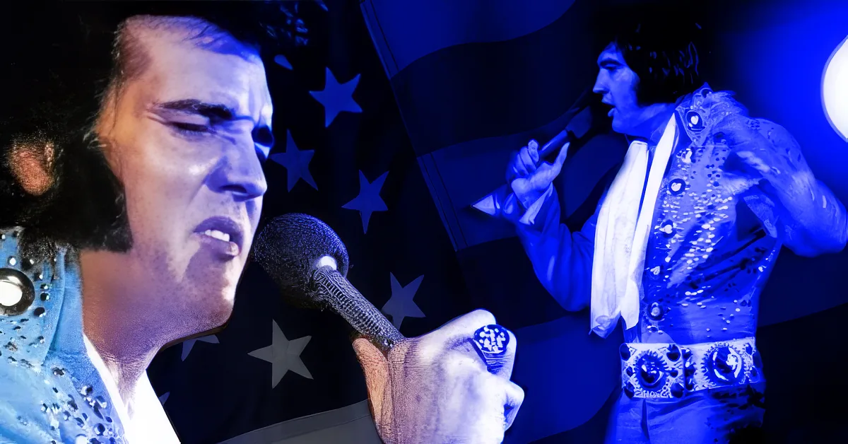 A collage of Elvis Presley in various poses and outfits, with a blue and white star background.