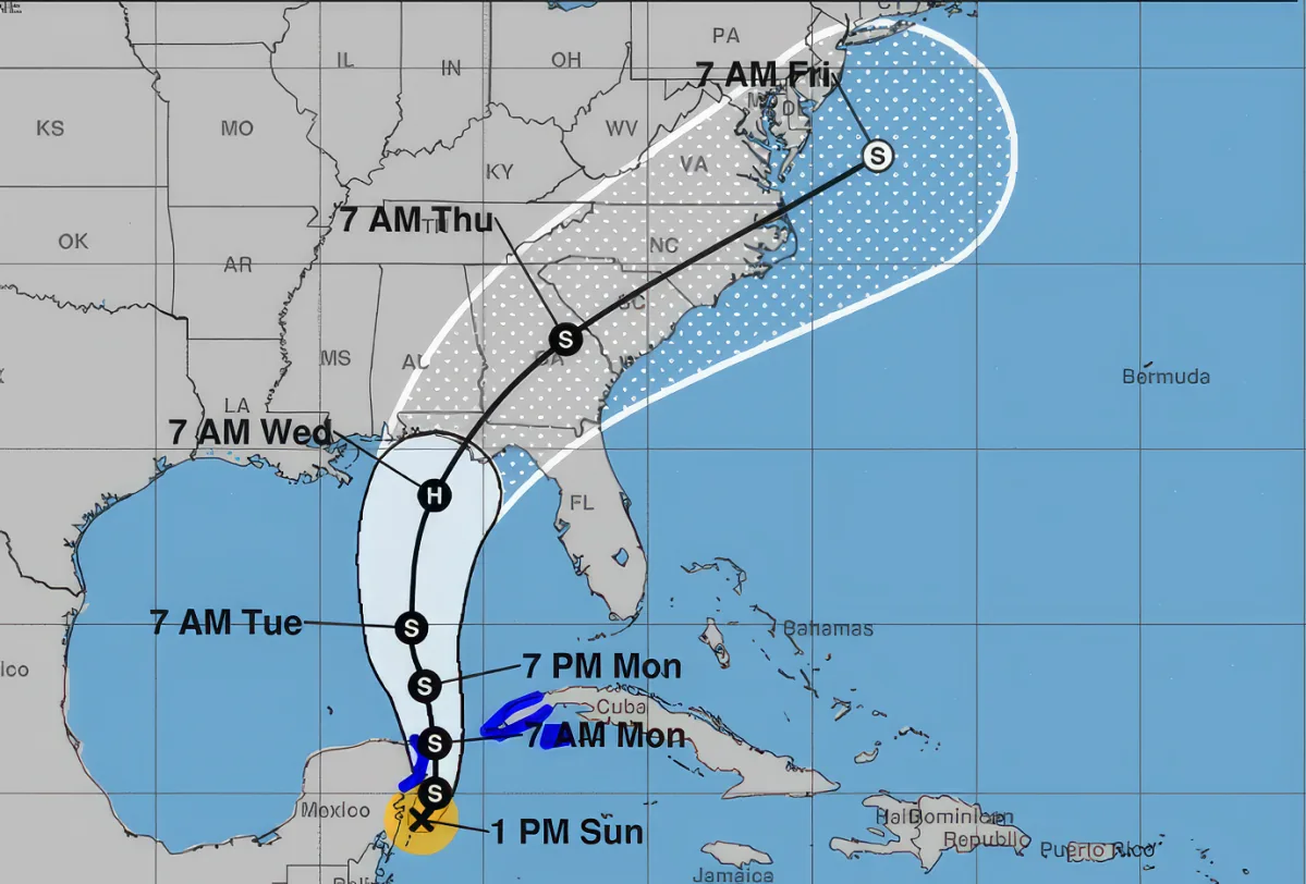A weather map shows a tropical system moving from the Gulf of Mexico towards the eastern U.S. coast.