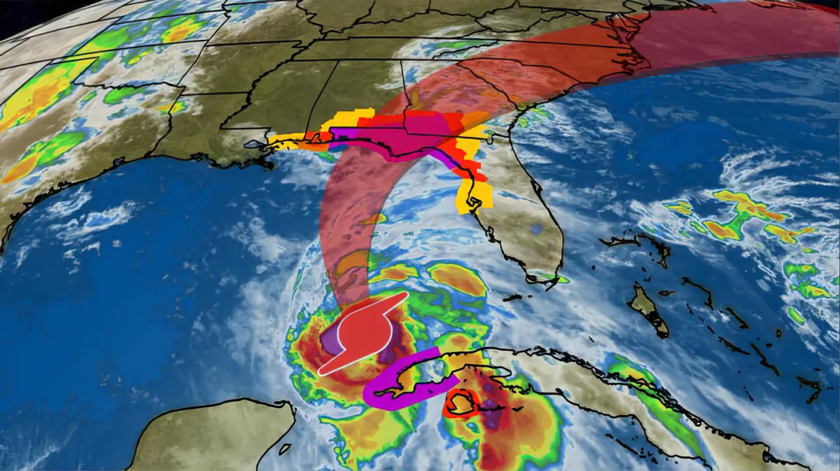 A weather map shows a tropical storm with a purple path over the Gulf of Mexico and southeastern U.S.