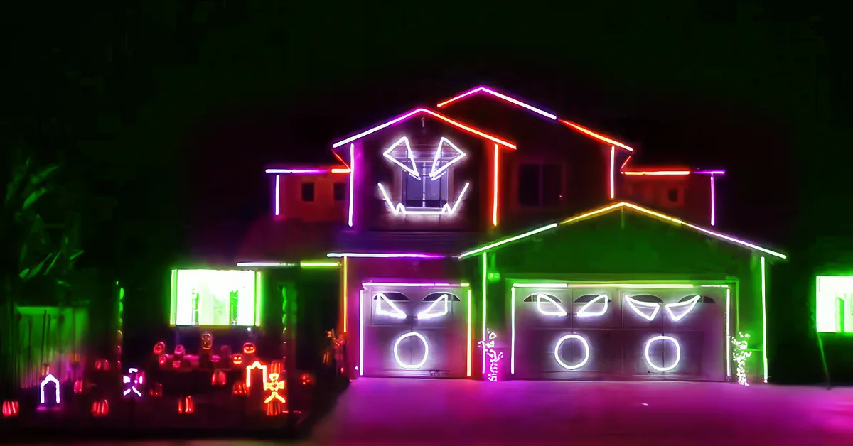 A vibrant, neon-lit house with colorful lights creating a festive, illuminated scene.