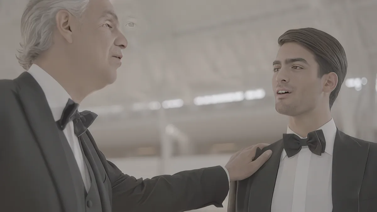A man in a suit adjusts another man's bow tie in a formal setting.