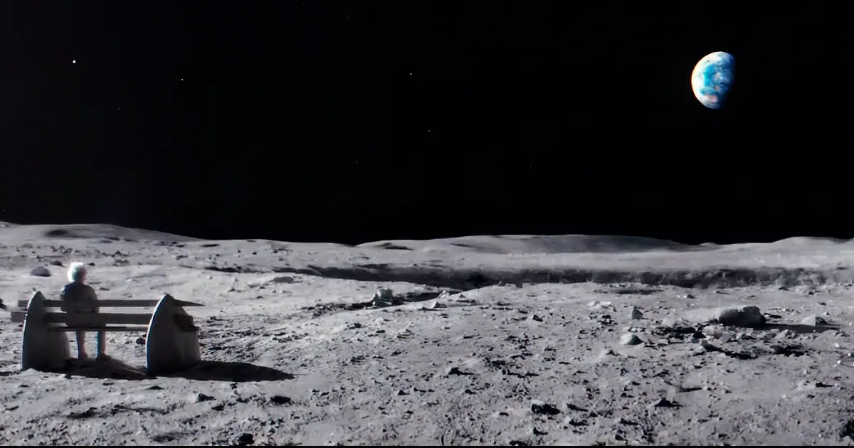 A person sits on a bench on the moon, gazing at Earth in the distance.