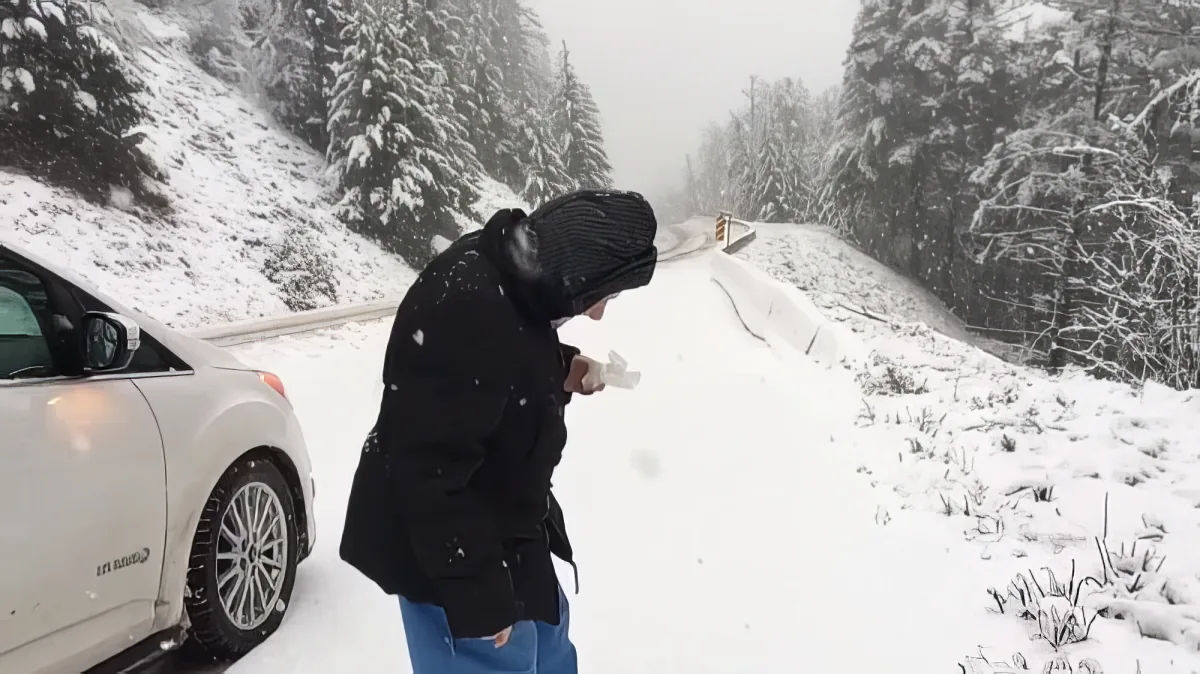 Grandma stops car to play in snow