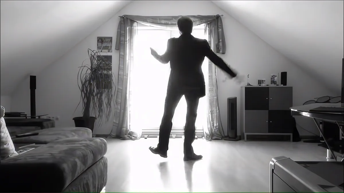 A man in a suit stands in a room with a bright window, arms outstretched, creating a silhouette effect.