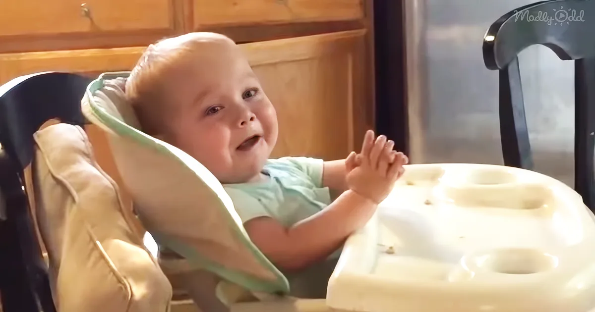 A baby in a high chair claps hands, smiling, with a light blue shirt and green bib.