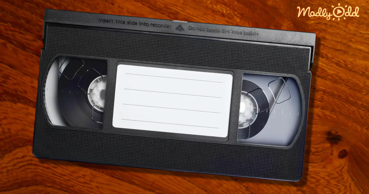 A VHS tape with a blank label sits on a wooden surface.
