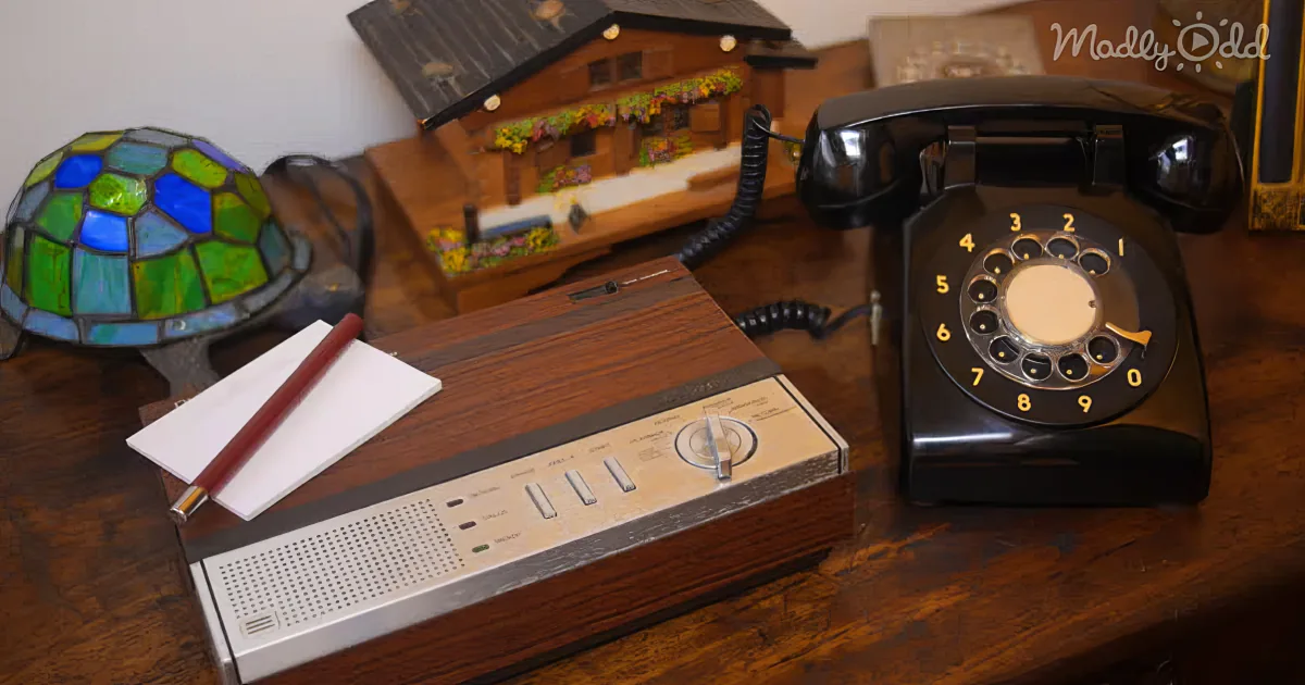 A vintage rotary phone sits on a wooden desk next to a lamp and a small model house.