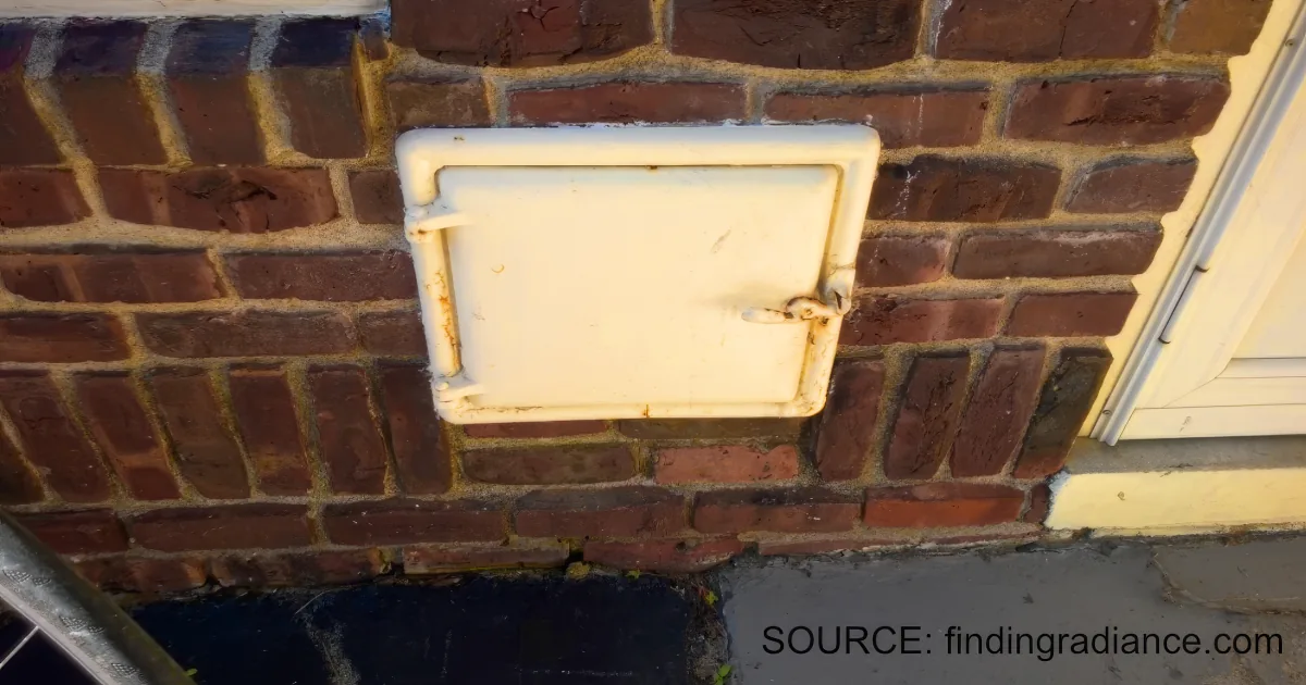 A white metal box is affixed to a red brick wall near a white door.