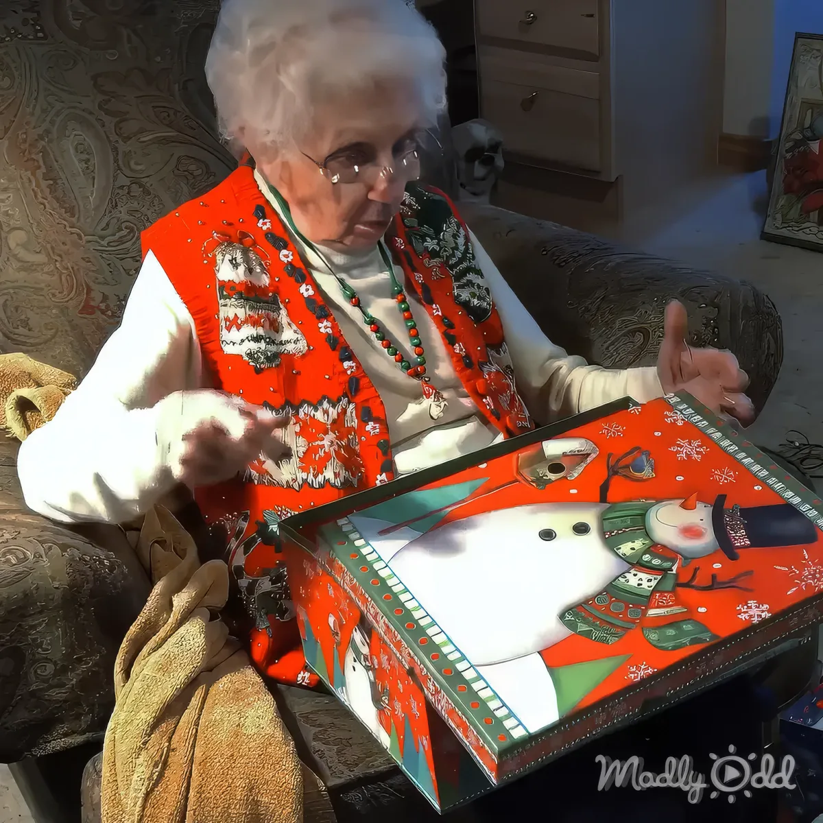 An elderly woman in a festive sweater opens a Christmas-themed gift box with a snowman design.