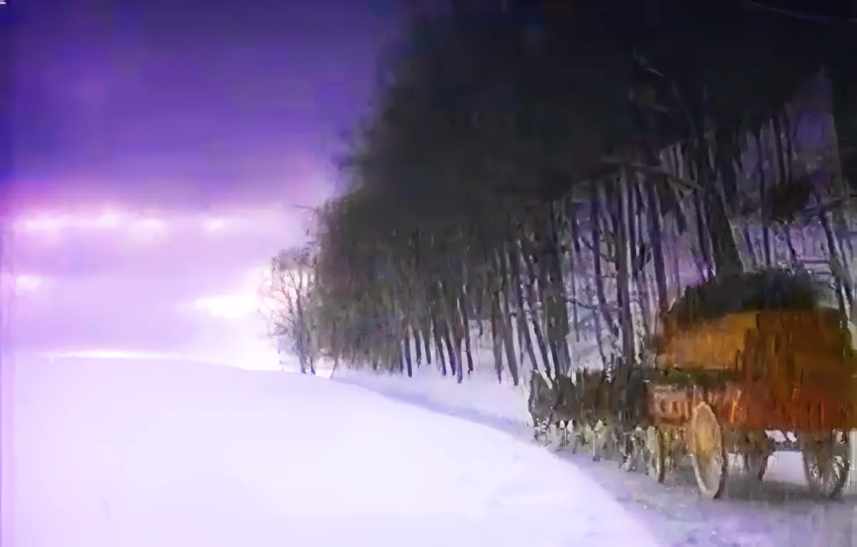 A horse-drawn sleigh travels through a snowy landscape with bare trees and a purple sky.