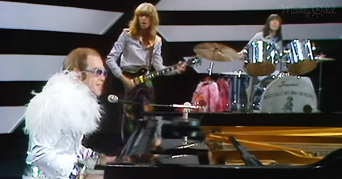 A musician in a white fur coat plays piano while a guitarist and drummer perform behind him.