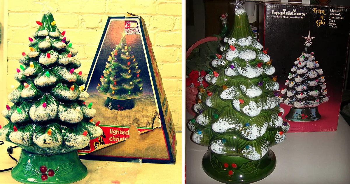 A ceramic Christmas tree with lights and snow-like decorations sits next to its original box.