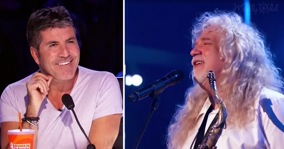 Simon Cowell smiles at a microphone, while another person sings into a microphone with long hair.