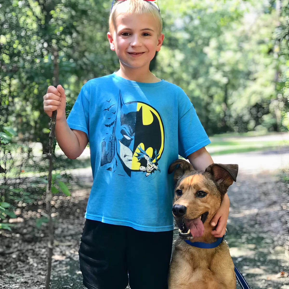 A young boy in a Batman shirt holds a stick and pets a brown dog in a forested area.