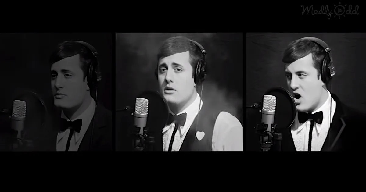 A man in a tuxedo sings into a microphone, wearing headphones, in three frames.