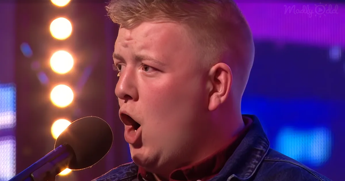 A person in a denim jacket sings into a microphone, with bright stage lights in the background.