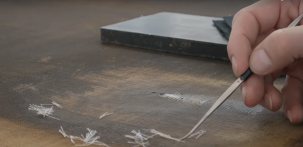 A person is carefully applying a thin strip of material to a textured surface using a small tool.