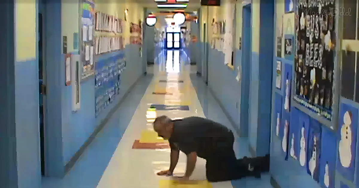 A man in a black shirt is doing push-ups on a yellow mat in a brightly lit school hallway.