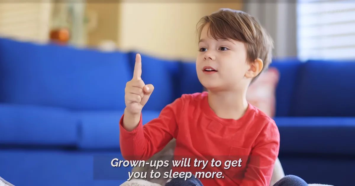 A young boy in a red shirt points upwards, sitting on a blue couch, with text below saying "Grown-ups will try to get you...