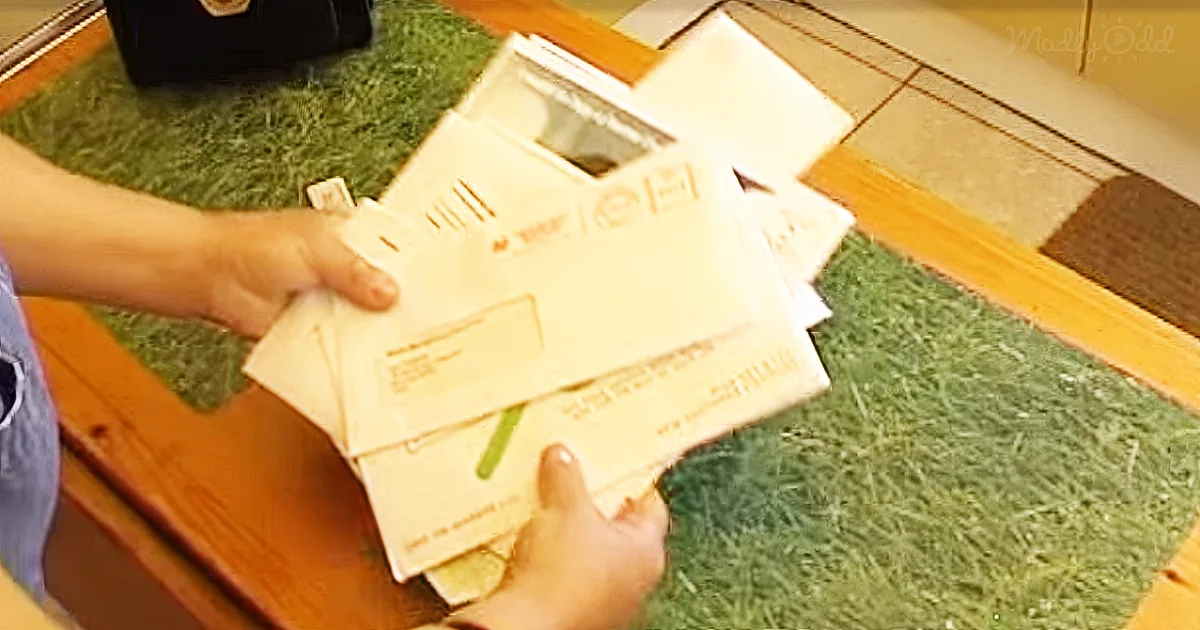 Hands sorting through a stack of envelopes on a wooden table with a green mat.