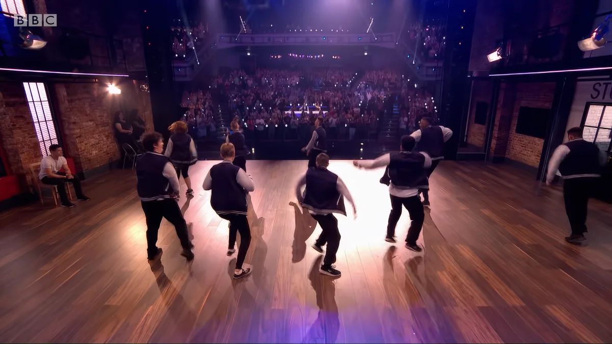 A group of dancers in black vests and white sleeves perform a synchronized routine on a stage in front of a large audience.