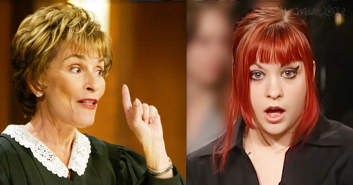 Two women, one in a judge's robe gesturing, the other with red hair and a surprised expression.