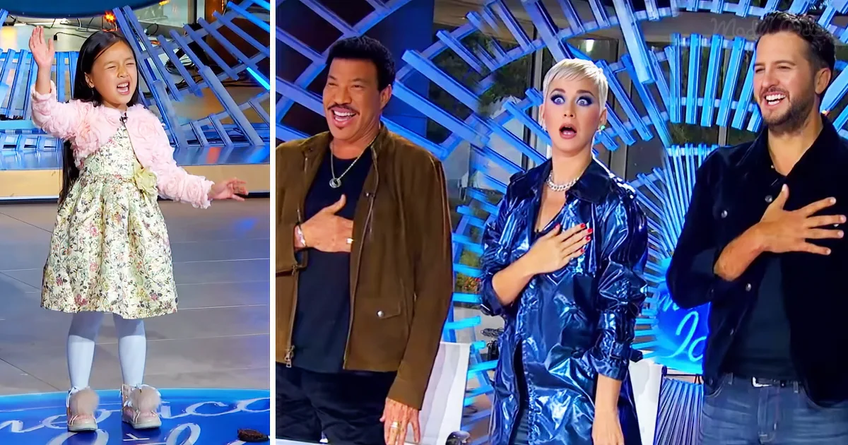 A young girl in a floral dress sings on stage, while judges react with surprise and admiration.